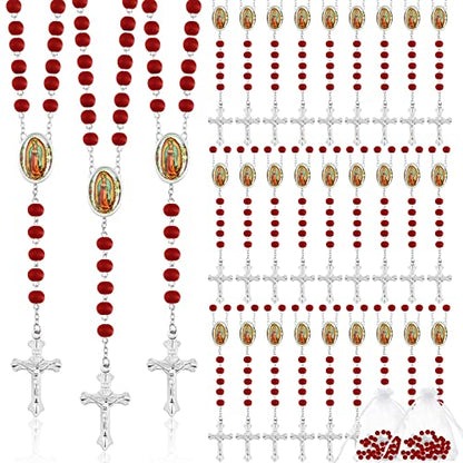Taiyin 36 Pcs Wooden Bead Rosary Necklace with Crucifix and Our Lady of Guadalupe Scented First Communion Rosary with 36 Organza Bags Baptism Favors Catholic Gift for Men Women - color: Red