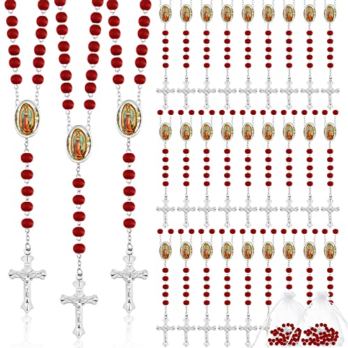 Taiyin 36 Pcs Wooden Bead Rosary Necklace with Crucifix and Our Lady of Guadalupe Scented First Communion Rosary with 36 Organza Bags Baptism Favors Catholic Gift for Men Women - color: Red