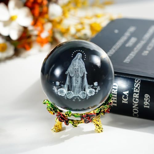 3D Cross Crystal Ball Religious Gift with Stand Christian Decor 2.3in - style: Virgin Mary