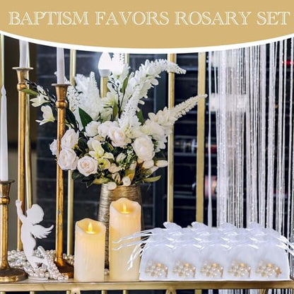 10 Set Baptism Party Favors Mini Rosary Beads Faux Pearls with Organza Bags for Christening Weddings First Communion Party Favors - style: Gold Rose