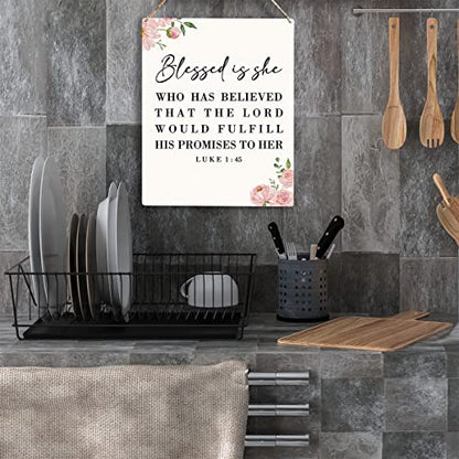 Inspirational Wall Art Blessed Is She Who Has Believed That The Lord Would Fulfill His Promises To Her, Luke 1:45 Christian Art Religious Christmas Gifts for Friends Wooden Hanging Sign 8 x 10 Inches - color: Blessed Is She