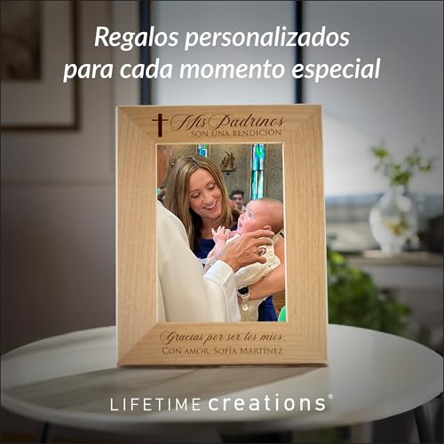 Lifetime Creations Marco de Foto Personalizado para Padrinos – Regalo para Padrino y Madrina, Recuerdo de Bautizo Grabado en Madera, Regalo Personalizado para Padrinos (Foto 5x7 Vertical) - color: Personalizado - Padrinos (en Español), size: 5" x 7" Portr