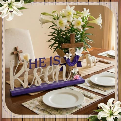Cinnvoice He Is Risen Easter Decoration Religious Easter Table Sign Farmhouse Metal Letter Christian Tabletop Centerpiece Signs Cross Spring Tiered Tray Decorations for Office Home Party Supplies