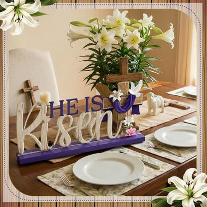 Cinnvoice He Is Risen Easter Decoration Religious Easter Table Sign Farmhouse Metal Letter Christian Tabletop Centerpiece Signs Cross Spring Tiered Tray Decorations for Office Home Party Supplies