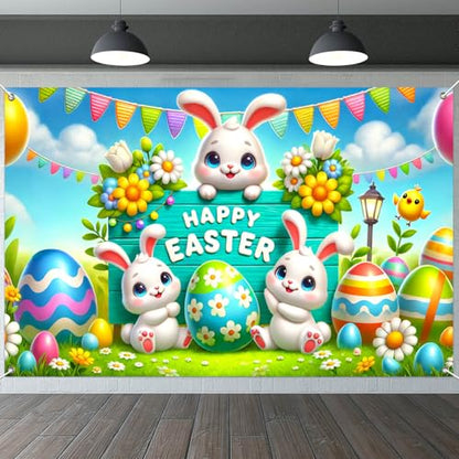 IVN Easter Bunny Banner 71x43 Inch Happy Cute Bunnies Colorful Eggs Flowers - color: Happy Easter Bunny Trio Sign
