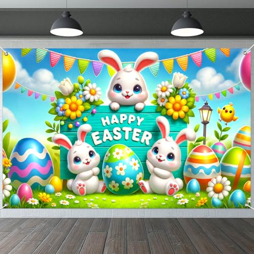 IVN Easter Bunny Banner 71x43 Inch Happy Cute Bunnies Colorful Eggs Flowers - color: Happy Easter Bunny Trio Sign