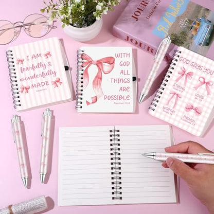 16 Pcs Christian Coquette Pink Bow Spiral Notebooks Bible Verse Ballpoint Pens Religions Cute Aesthetic Journals Notepad Retractable Pen for Office Supplies