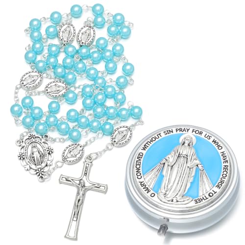 KOMI 6mm Glass Pearl Rosary Beads Catholic for Women with Metal Rosary Box Religious Gifts - style: Virgn Mary-blue