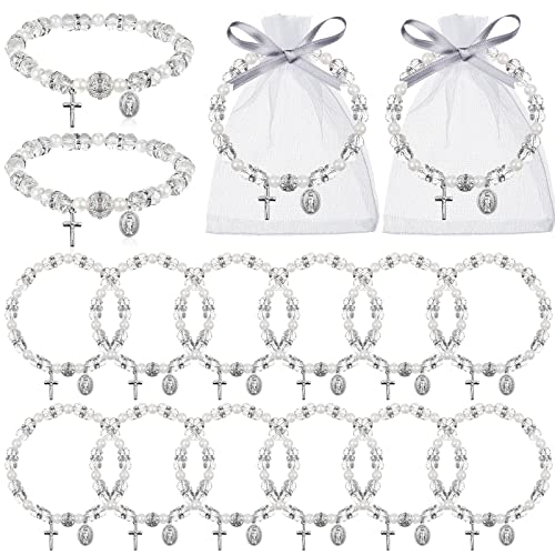 Taiyin Rosary Bracelet Bulk with Mesh Bags, White Religious Rosary Bead Bracelet Catholic Bracelets, Baptism First Communion Gifts for Women - color: Silver