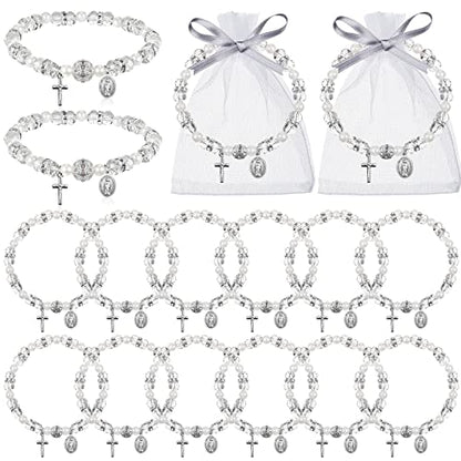 Taiyin Rosary Bracelet Bulk with Mesh Bags, White Religious Rosary Bead Bracelet Catholic Bracelets, Baptism First Communion Gifts for Women - color: Silver