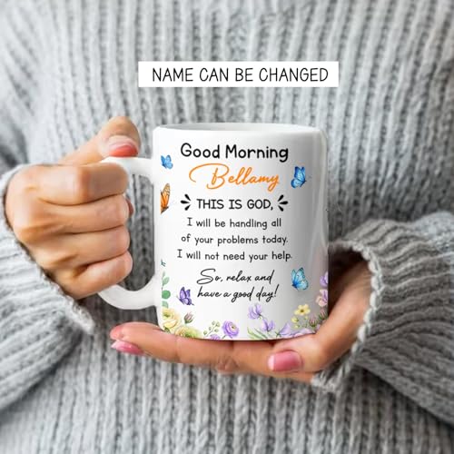 BigTees Customized Jesus God Bible Verse Coffee Mug with Name, Good Morning This is God White Cup 11oz, Personalized Christian Religious Accent Ceramic Cup, Christian Florals Mug Gift for Men Women