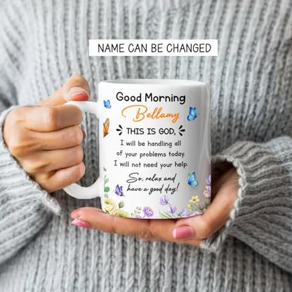 BigTees Customized Jesus God Bible Verse Coffee Mug with Name, Good Morning This is God White Cup 11oz, Personalized Christian Religious Accent Ceramic Cup, Christian Florals Mug Gift for Men Women