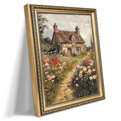 HTNDSIEHA Large Vintage Pastoral Cottage Garden Wall Art with Gold Frame - color: house, size: 24"L x 16"W