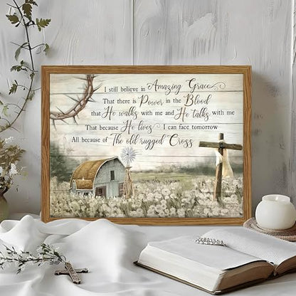 Cross Christian Wall Art Barn Windmill Country Pictures Framed 12x16 Inch - color: Hymn-wood, size: 16"L x 12"W