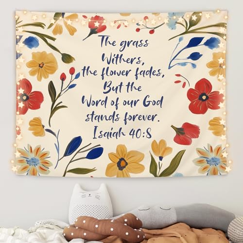 OHDCE Boho Floral Christian Tapestry Wall Hanging, Isaiah 40:8 Wildflower Religious Bible Verse Blanket Tapestries Wall Decoration for Bedroom Home Prayer Room Church, 50x60 Inch