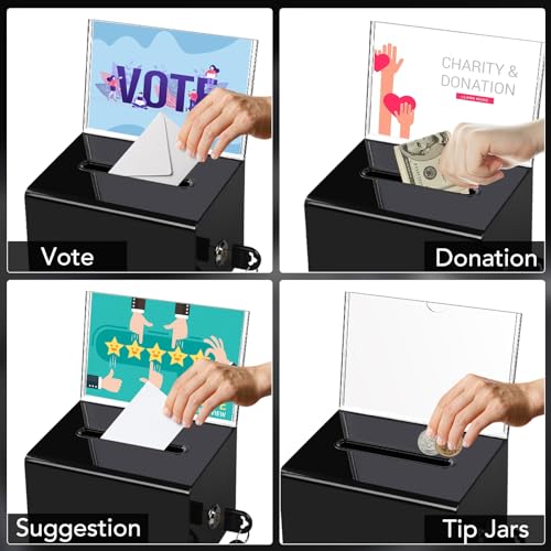 VOISEN Acrylic Donation Box with Lock, Black Tip Jar with Sign Holder