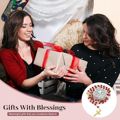 Red and Gold Pearl-Style Rosary Necklace with Metal Gift Box, 8mm, 22 Inch - color: Red