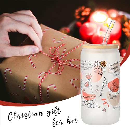 Christian Mugs for Women, 16oz Inspirational Bible Verse Glass Tumbler with Straw and Lid, Christian Coffee Cups, Religious Birthday Gift (Frosted Glass) - color: Bible Verse-2
