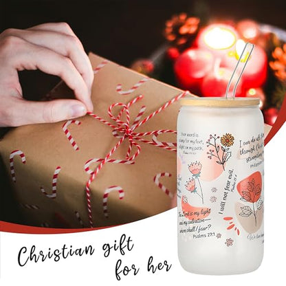 Christian Mugs for Women, 16oz Inspirational Bible Verse Glass Tumbler with Straw and Lid, Christian Coffee Cups, Religious Birthday Gift (Frosted Glass) - color: Bible Verse-2