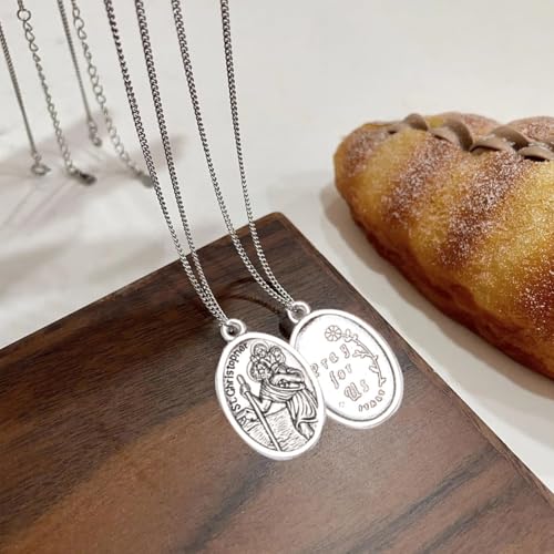 ASIJUNTYECHO St Christopher Protect Us Medal Charms, Vintage Silver Oval Religious Medals, 12Pcs Holy Catholic Rosary Pendants for DIY Jewelry Making Necklace Bracelet Keychain