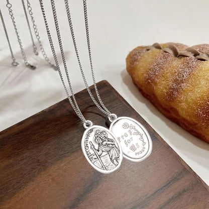 ASIJUNTYECHO St Christopher Protect Us Medal Charms, Vintage Silver Oval Religious Medals, 12Pcs Holy Catholic Rosary Pendants for DIY Jewelry Making Necklace Bracelet Keychain