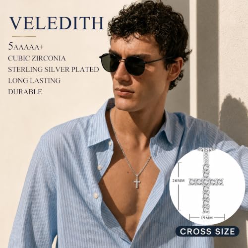 925 Sterling Silver Cross Necklaces for Mens Women CZ Beveled Edge - color: Cubic Zirconia Silver Cross