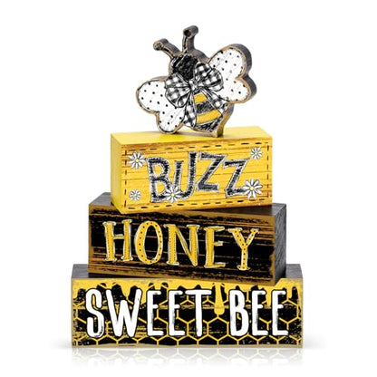 Britimes Tiered Tray Decor Set, 4 Pack, Wooden Table Sign, Daisy Farmhouse - style: Sweet Honey