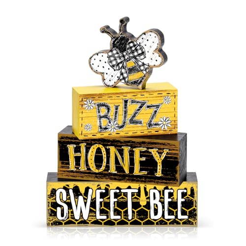 Britimes Tiered Tray Decor Set, 4 Pack, Wooden Table Sign, Daisy Farmhouse - style: Sweet Honey