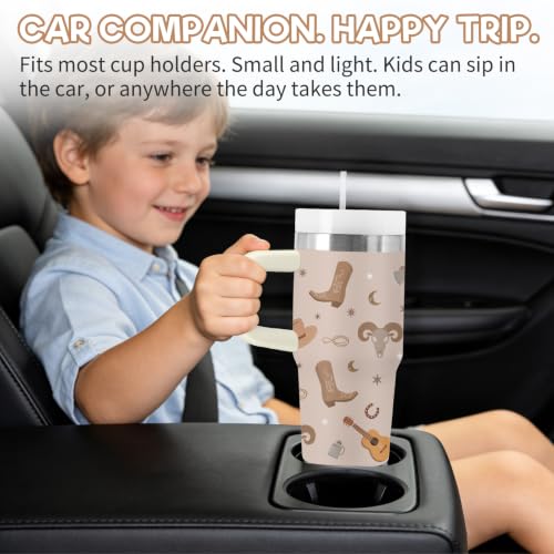 Western Cowboy Kids Tumbler - 14 oz Tumbler with Handle and Straw, Stainless Steel Insulated Cowboy Cup, BPA Free Tumblers Birthday Gift for Boys and Girls Outdoor & Sports, Travel - color: Cowboy1