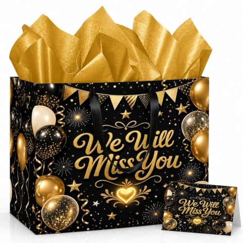 Farewell Gift Bag with Tissue Paper and Card, Black Gold Large Bag