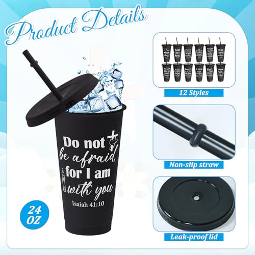 Cinrobiye 24 Pack Christian Tumblers with Lids and Straws, 24 oz Bible Verse Plastic Cups Bulk, Religious Church Gifts for VBS, Sunday School, Bible Study, Baptism and Church Party Favors(Black) - color: Black