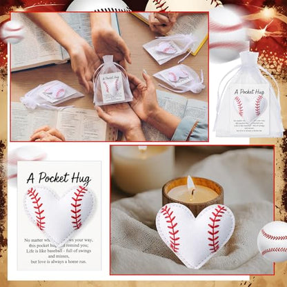 Hollowfly 12 Set Baseball Pocket Hug Heart Shape Stitching Pocket Hug with Inspirational Cards and Organza Bags Encouragement Gifts for Baseball Players Athletes Teams Sports Lovers Coaches Graduation - style: Baseball Heart