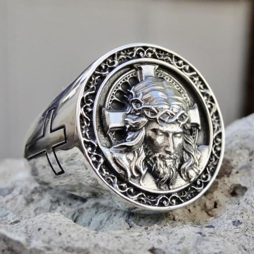 Koguxuix Vintage Silver Christian Catholic Jesus Cross Rings for Men Religious Lords Prayer Signet Band Ring for Baptism Christmas Communion Easter Size 7-13(8) - size: 8
