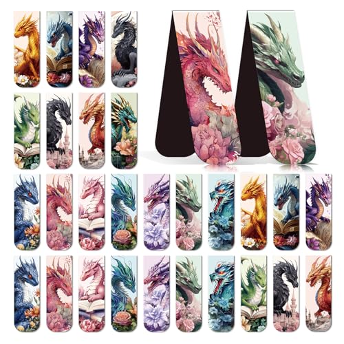 Wxiben Cool Dragon Magnetic Bookmark - 30Pcs Flower Dragon Bookmarks Magnets Unique Animal Book Marks Page Magnets Marker Clip Gifts for Book Lovers Reading Bookworms Office Supplies - style: Cool Flower Dragon