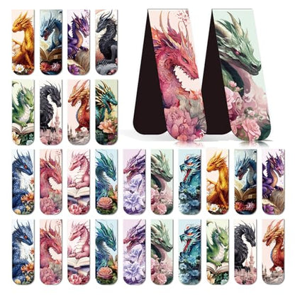 Wxiben Cool Dragon Magnetic Bookmark - 30Pcs Flower Dragon Bookmarks Magnets Unique Animal Book Marks Page Magnets Marker Clip Gifts for Book Lovers Reading Bookworms Office Supplies - style: Cool Flower Dragon