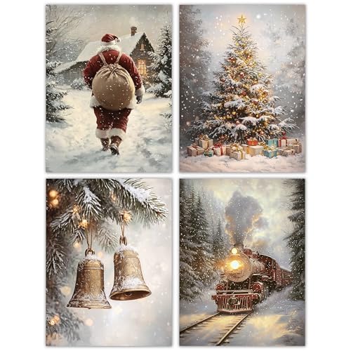 DOFQZ Winter Christmas Wall Art Prints Set of 4, Christmas Home Room Decor, Winter Snowy Xmas Train Santa Bell Pine Tree Posters for Home Bedroom Living Room Decor, 12x16 Unframed - color: 09Child, size: 12*16