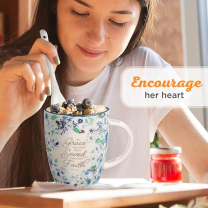 Christian Art Gifts Coffee and Tea Mug with Ceramic Spoon Set for Women - color: Grace/Navy Blue