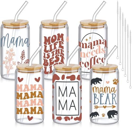 SiliFine 6 Pcs Mama Glass Cups, 16 oz with Lids and Straws - style: Mama