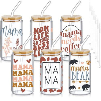 SiliFine 6 Pcs Mama Glass Cups, 16 oz with Lids and Straws - style: Mama