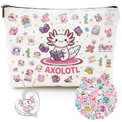 Axolotl Gifts for Women - Cute Axolotl Necklace, Makeup Bag & 50Pcs Stickers Set - Unique Salamander Themed Present for Girl, Daughter, Axolotl Lover Birthday Christmas Velentine Day - style: Axolotl Lover