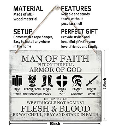 Printed Wood Plaque Sign Wall Hanging, Put on the Full Armor of God Quote Scripture Rustic Man Of Faith Hanging Wall Plaque Wood Signs, Ephesians 6:10-18 Christian Sign - color: Ephesians 6:10