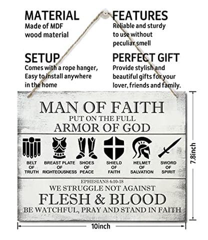 Printed Wood Plaque Sign Wall Hanging, Put on the Full Armor of God Quote Scripture Rustic Man Of Faith Hanging Wall Plaque Wood Signs, Ephesians 6:10-18 Christian Sign - color: Ephesians 6:10