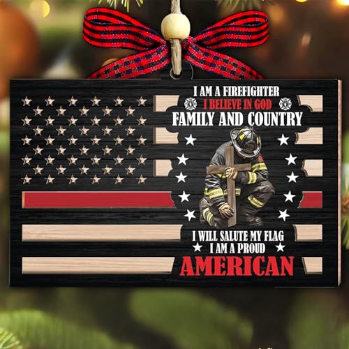 American Flag Firefighter Ornament 2025-2 Layer Wooden Firefighter Ornaments for Christmas Tree - Firefighters Christmas Hanging Decor - Firefighter Gifts for Men Woman Christian - Fireman Ornament