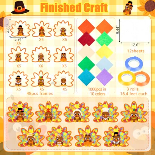 Renbuzhu 48PCS Thanksgiving Crafts Bulk: Cute Turkey Paper Suncatchers DIY Kit for Fall Activities Decorations, Window Stained Glass Effect Art Supplies - style: cute turkey crafts