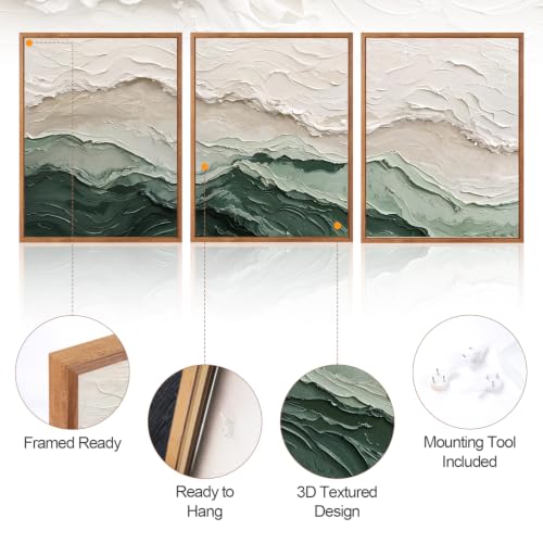 Aurlan 3D Textured Green Abstrcat Ocean Framed Canvas Wall Art 12x16 Inch - color: Green Beige (3D Textured), size: 12"L x 16"W