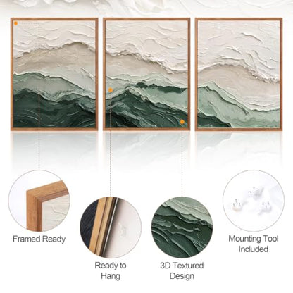 Aurlan 3D Textured Green Abstrcat Ocean Framed Canvas Wall Art 12x16 Inch - color: Green Beige (3D Textured), size: 12"L x 16"W