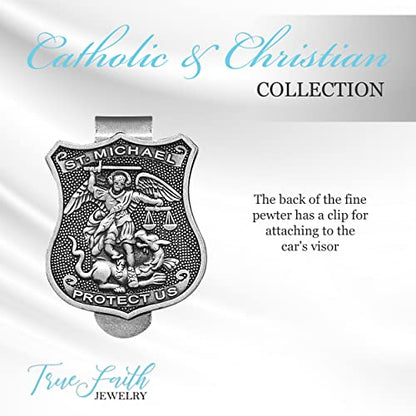 True Faith Jewelry Pewter St Michael Shield Car Visor Clip, Archangel Patron Saint of Police, Law Enforcement Officer Gifts for Men and Women, Fine Pewter (92% Tin), 1-1/2 x 1-1/8 Inch - size: St. Michael (Shield) 2