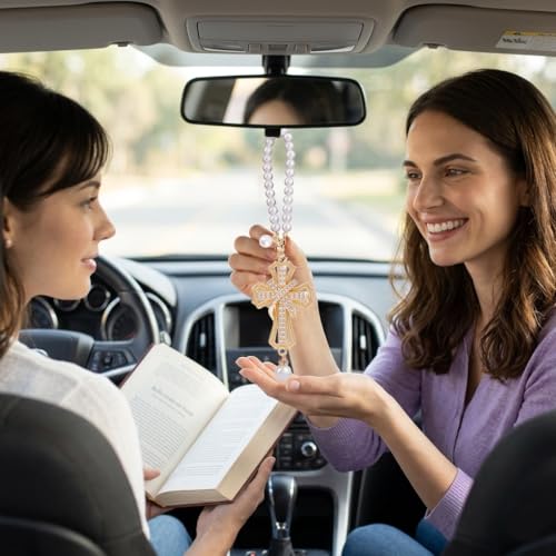 Car Rear View Mirror Hanging Cross Charm, Christian Car Accessories, Rearview Mirror Accessories, Cross for Car, 18K Gold Plated Brass with CZ Crystals & Pearl Beads, Faith Gift for Drivers Safe Travel