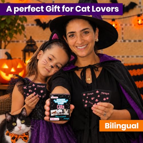 Menique Cat Memory Game – 70 Cards with Real Photos of 35 Cat Breeds – Bilingual Matching Card Game with Fact Booklet – Great Boo Basket Stuffer & Halloween Favor - style: Cats