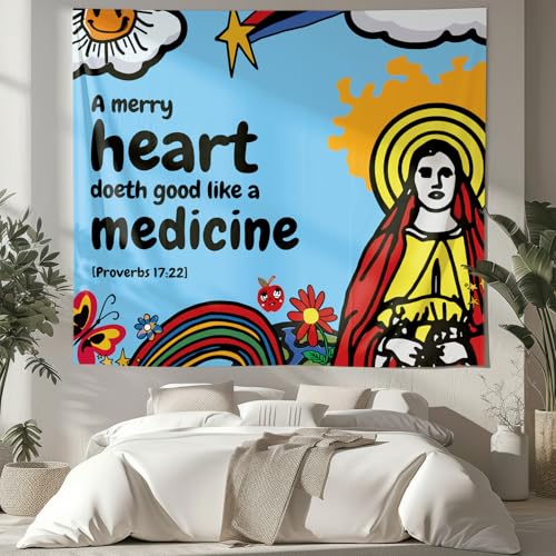 NIPINUS Christian Wall Tapestry with Bible Verses, Large tapestry wall hanging, Cute Blue Retro Motivational Flags Tapestry for Bedroom, Dorm, Living Room Decor Wall Art, 50×60 inches - color: Proverbs 17:22
